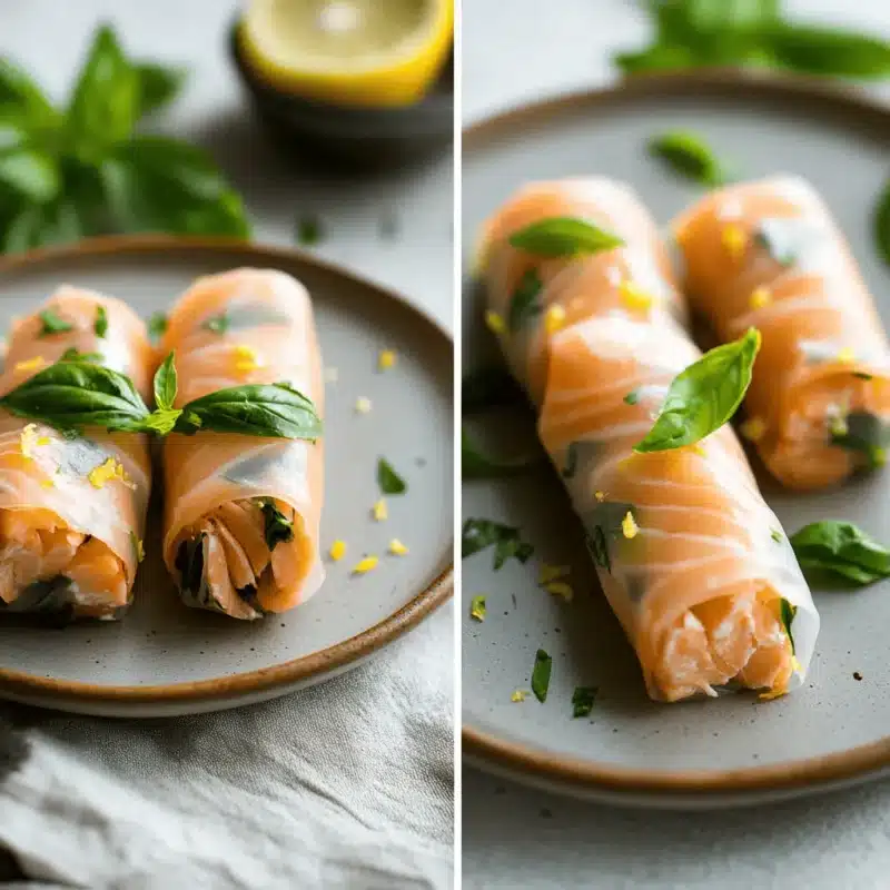 Assembling and plating Lemon Basil Salmon Rolls