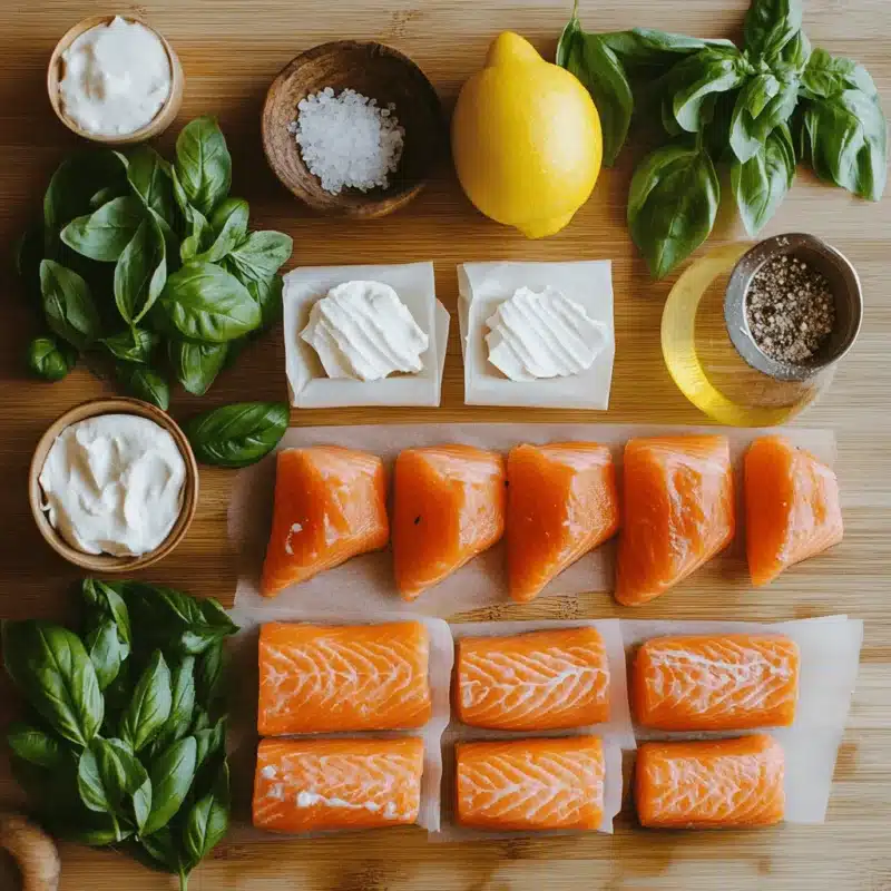 Flat lay of ingredients for Lemon Basil Salmon Rolls