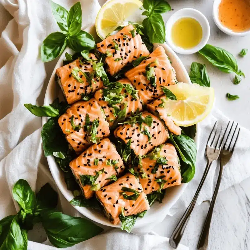 Plated Lemon Basil Salmon Rolls with dipping sauces and garnish