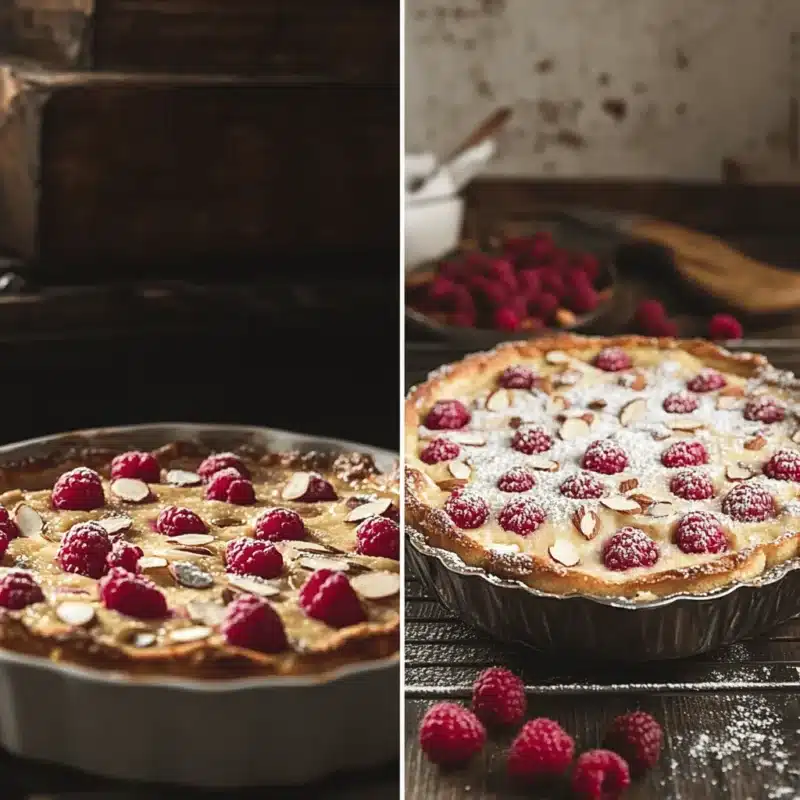 Layering raspberries and almonds, then baking Raspberry Almond Clafoutis