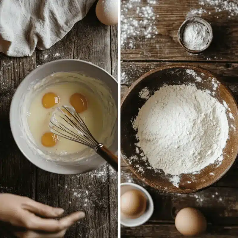 Whisking batter for Raspberry Almond Clafoutis in preparation