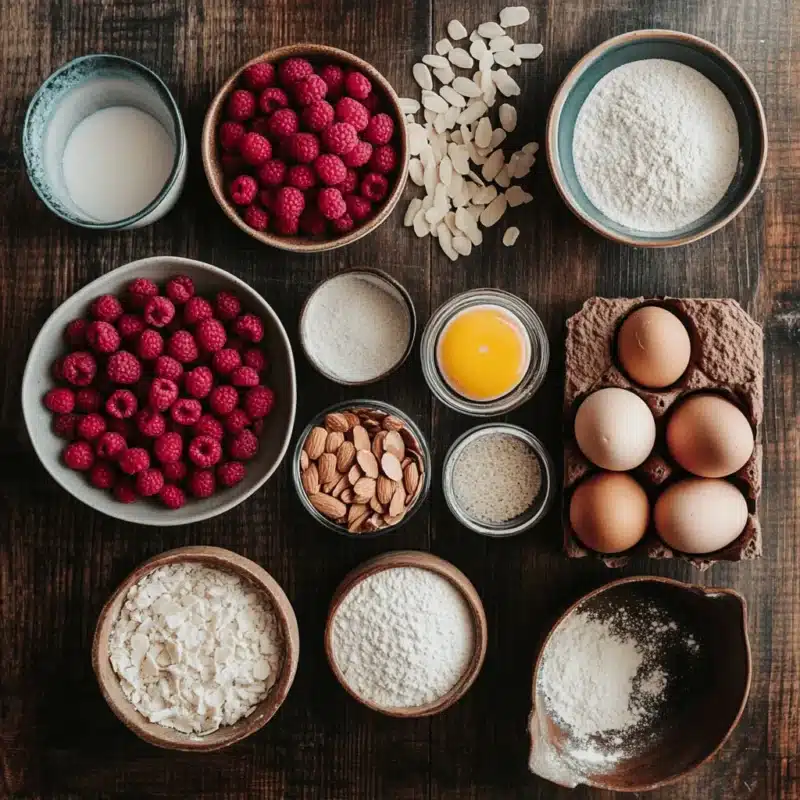 Flat lay of ingredients for Raspberry Almond Clafoutis