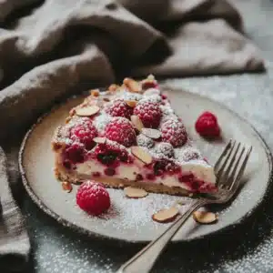 Served slice of Raspberry Almond Clafoutis on a decorated table
