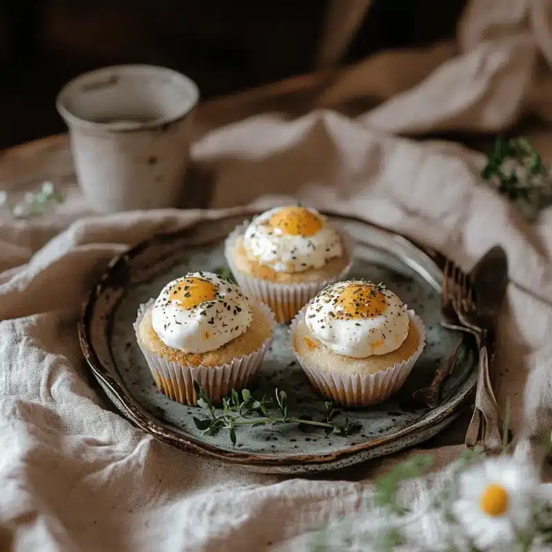 Served egg cupcakes with yogurt garnished with herbs on a styled table