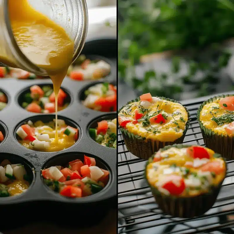 Pouring egg mixture into muffin tin and garnished baked egg cupcakes