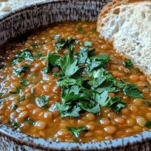 Top-down view of Greek red lentil soup (Fakes) in a ceramic bowl, garnished with parsley and served with crusty bread on a rustic wooden surface.
