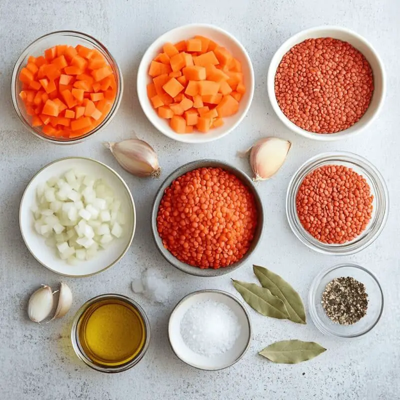 Flat lay of ingredients for Greek red lentil soup (Fakes) arranged on a light kitchen countertop.