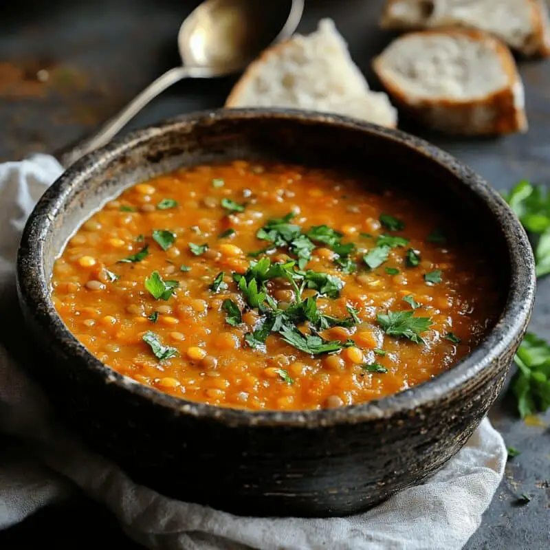 Greek red lentil soup (Fakes) served in a rustic bowl with parsley garnish and crusty bread on a styled table.