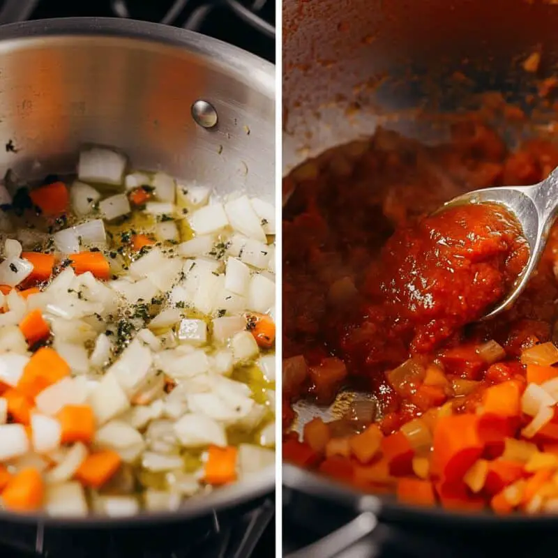 Step-by-step preparation of Greek red lentil soup (Fakes): sautéing vegetables and adding tomato paste.