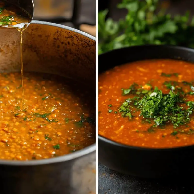 Final steps in preparing Greek red lentil soup (Fakes): simmering lentils and garnishing the soup.