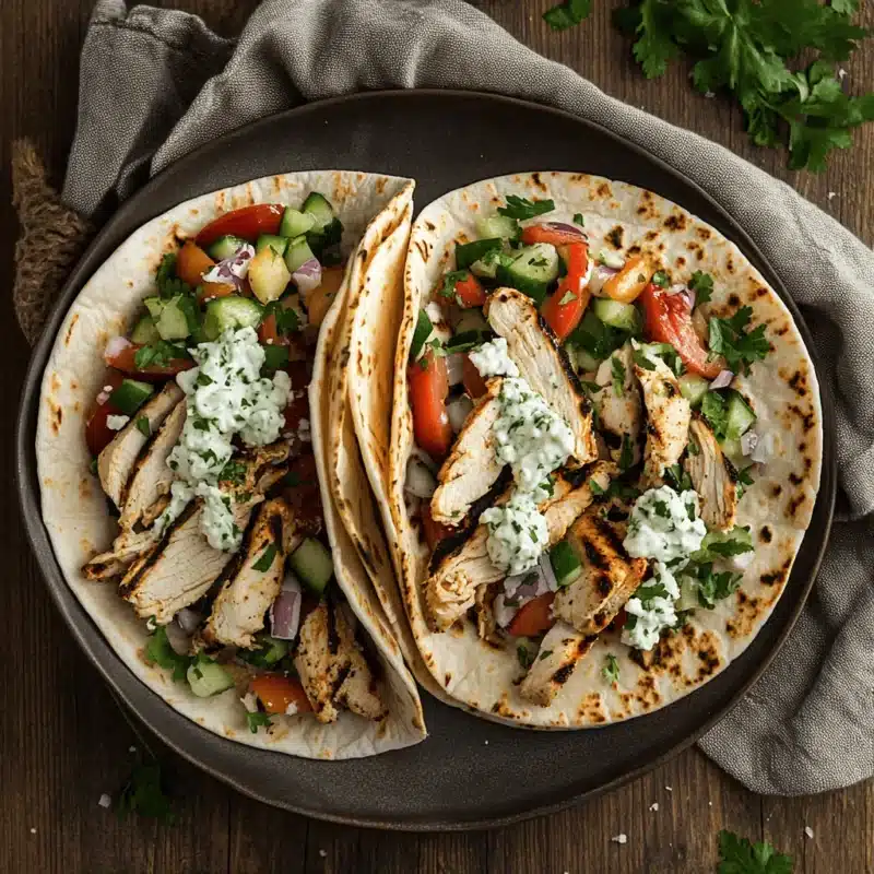 Assembling and plating Mediterranean chicken tacos with fresh garnishes.
