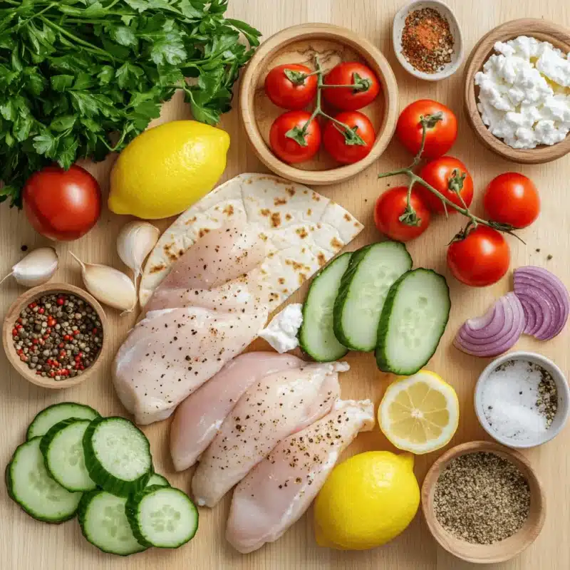 Flat lay of fresh ingredients for Mediterranean chicken tacos on a wooden countertop.