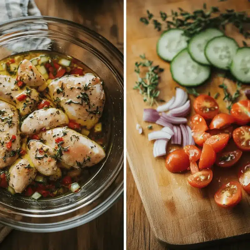 Marinating chicken and chopping vegetables for Mediterranean chicken tacos.