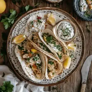Mediterranean chicken tacos served on a rustic table with garnishes and dips.
