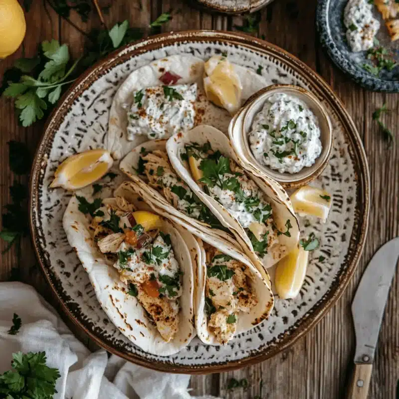 Mediterranean chicken tacos served on a rustic table with garnishes and dips.