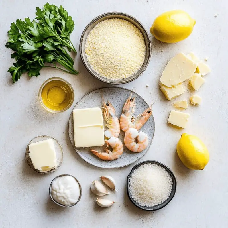 Flat lay of Shrimp and Polenta ingredients on kitchen countertop