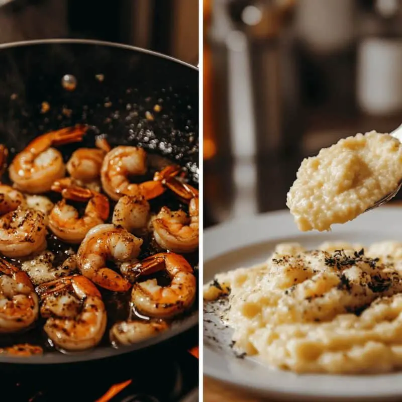 Cooking shrimp in skillet and plating polenta