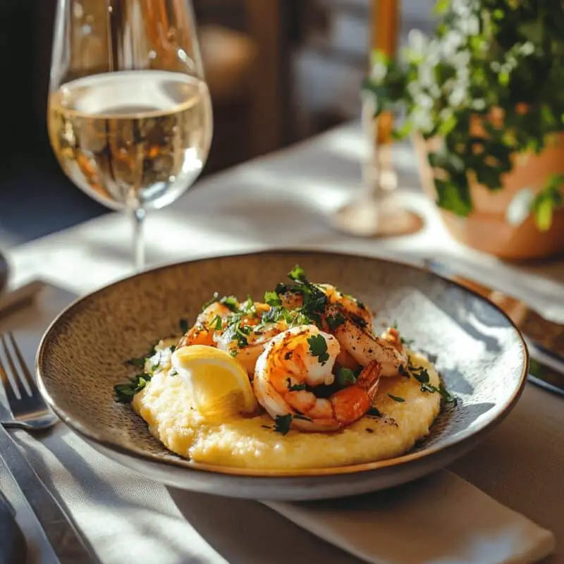 Served Shrimp and Polenta with garnishes on styled table
