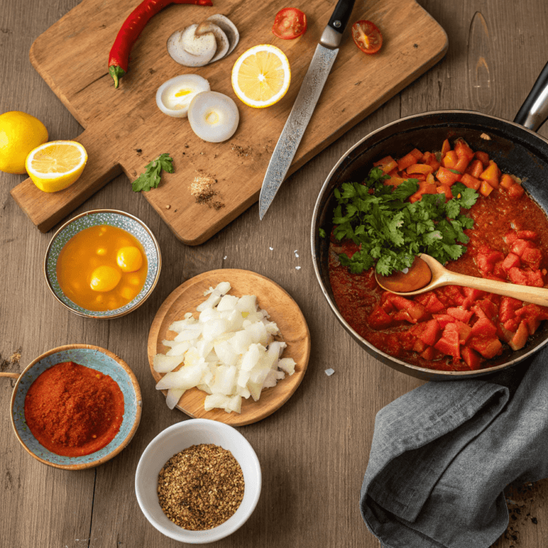 Step-by-step Moroccan Shakshuka recipe: Fresh ingredients including onions, bell peppers, tomatoes, and spices; sautéed vegetables in a skillet; rich tomato sauce with harissa and preserved lemons; eggs poaching in the simmering sauce; garnished with cilantro and olives, served with crusty bread.