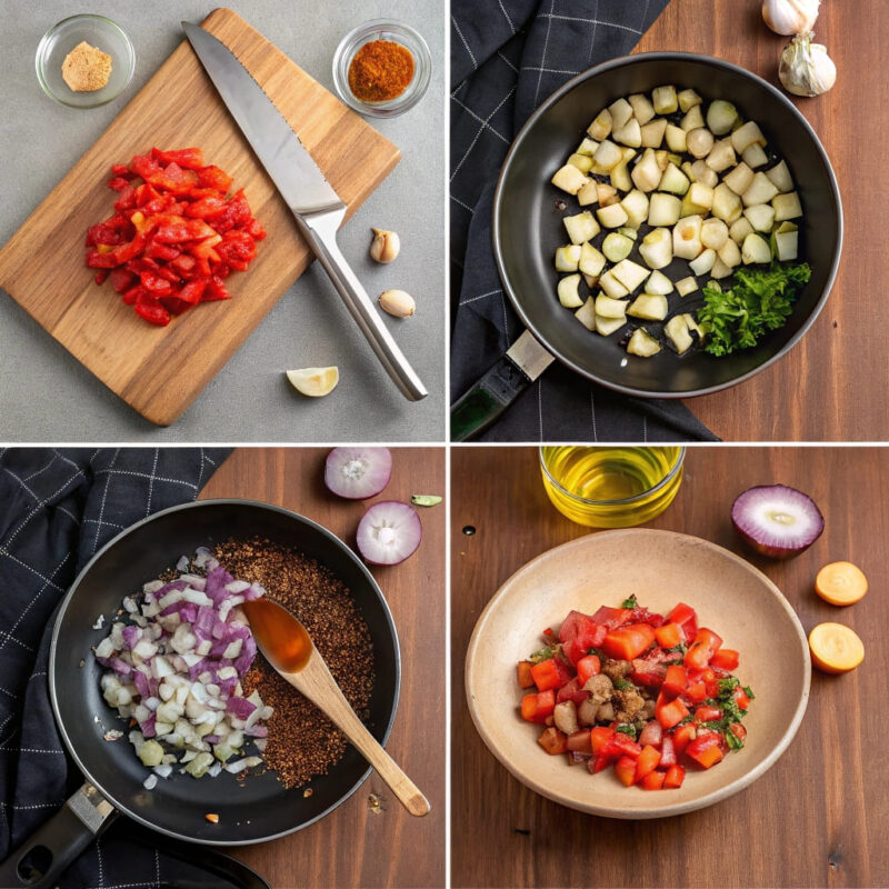 A step-by-step visual guide to making Turkish Shakshuka, divided into four sections. The first panel shows freshly chopped eggplants, tomatoes, peppers, garlic, and onions on a wooden cutting board. The second panel captures a skillet with onions, garlic, and peppers sautéing in olive oil. The third panel highlights golden-brown fried eggplant pieces draining on a paper towel. The final panel presents the completed dish, featuring a rich tomato-based sauce with eggplants and peppers, garnished with fresh parsley, ready to be served with bread or rice