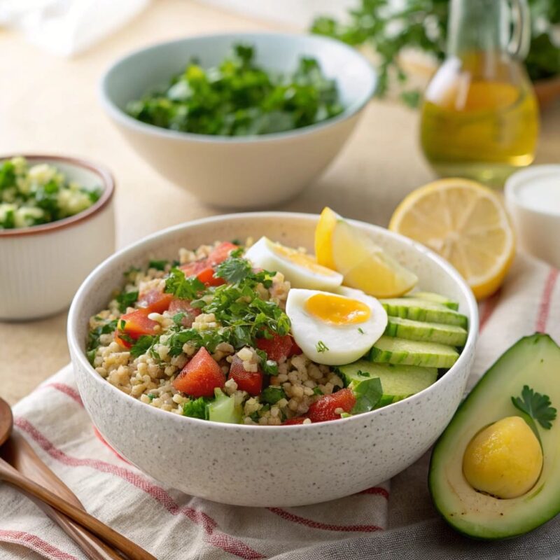 A close-up shot of a beautifully arranged Tabbouleh Breakfast Bowl, showcasing its fresh, vibrant ingredients.
