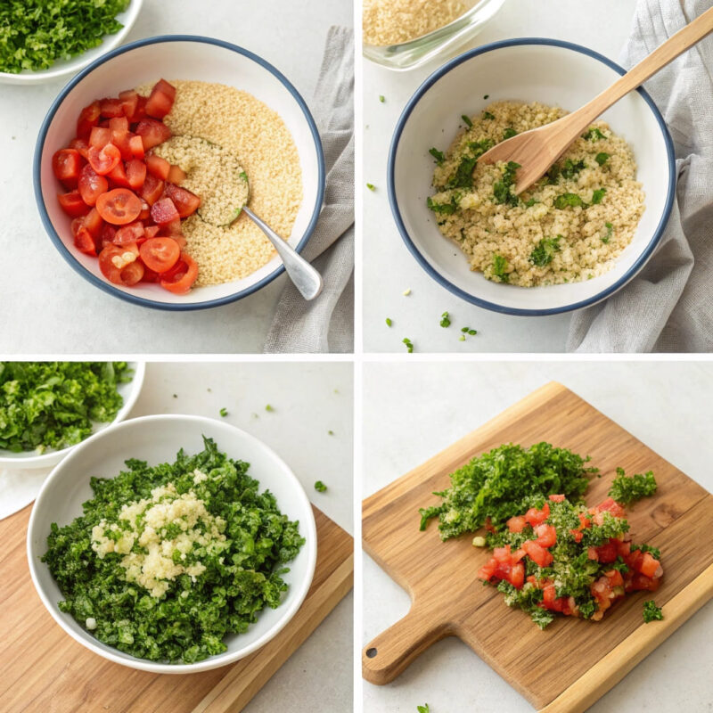 A warm, overhead shot of the preparation process in a homey kitchen. Ingredients like chopped parsley, diced tomatoes, cucumbers, and bulgur are arranged in small ceramic bowls on a light-colored countertop.