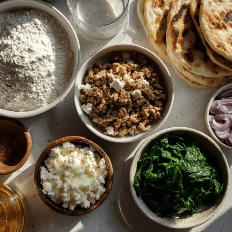 Flat lay of ingredients for Turkish Gözleme on a kitchen counter with natural light.