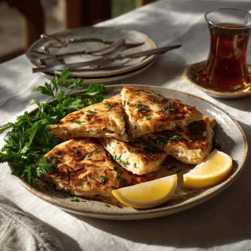 Served Turkish Gözleme slices on a plate with garnishes and Turkish tea.