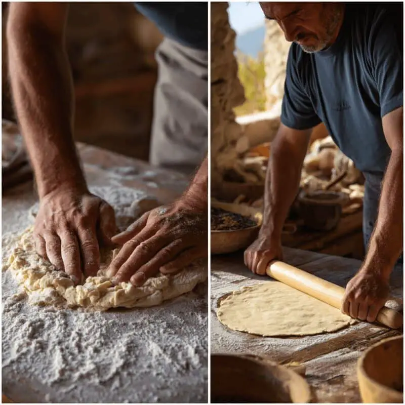 Side-by-side images of kneading and rolling Gözleme dough in a rustic kitchen.