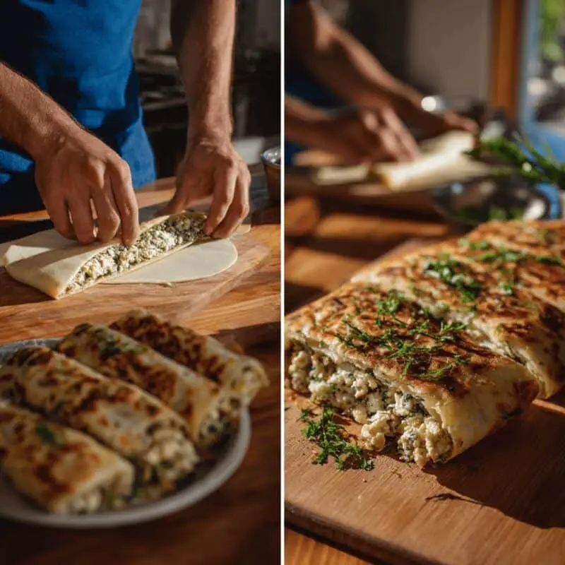 Side-by-side images of assembling and serving Turkish Gözleme in a home kitchen.