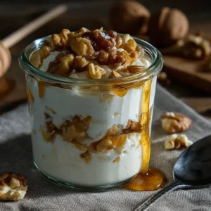 Greek yogurt parfait with honey and nuts in a glass jar