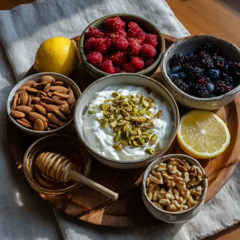 Ingredients for making Greek yogurt parfait, including honey, yogurt, and nuts