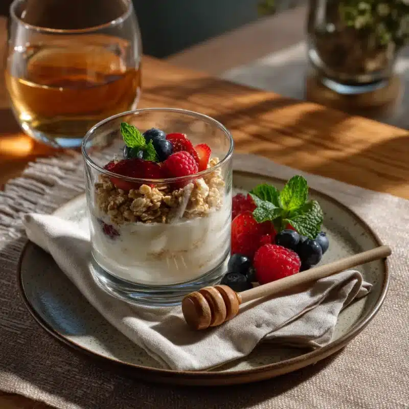Greek yogurt parfait plated with berries, honey dipper, and mint