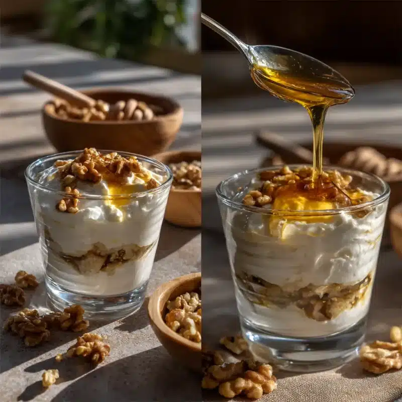 Layering Greek yogurt and honey into a parfait glass