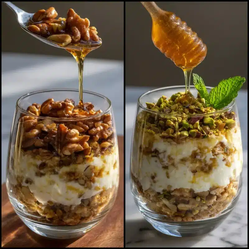 Topping a parfait with nuts and finishing drizzle of honey
