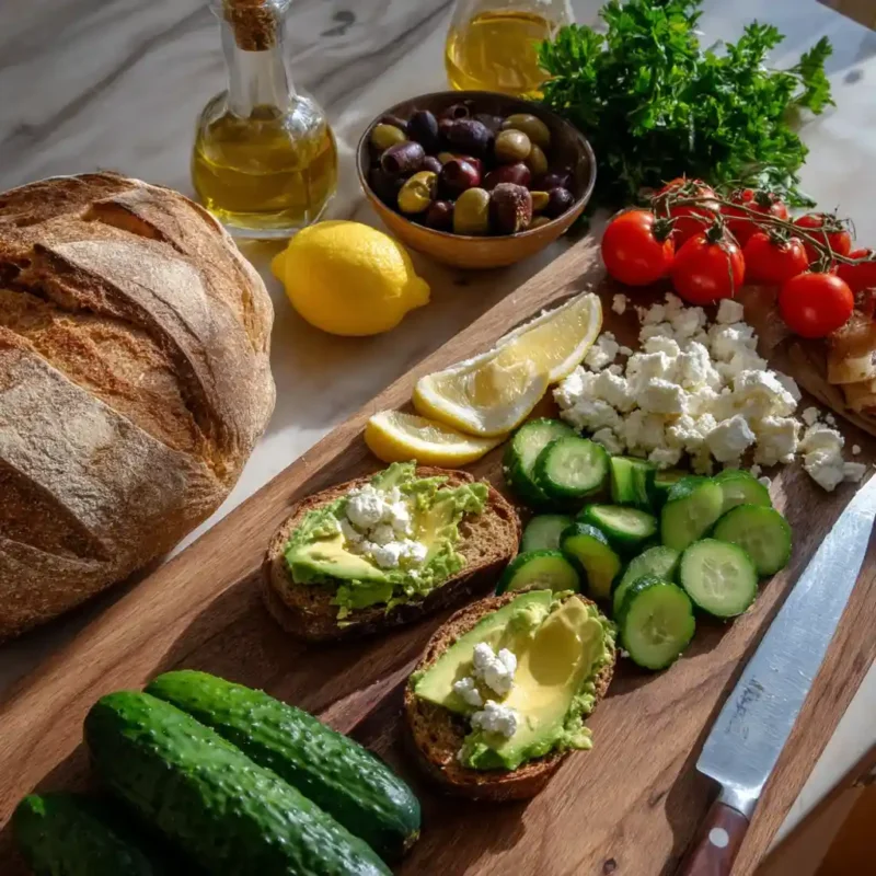 Ingredients for Mediterranean Avocado Toast on wooden surface