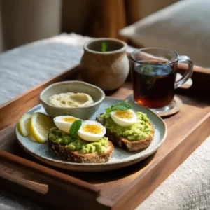 Mediterranean Avocado Toast plated with eggs, lemon, and mint tea