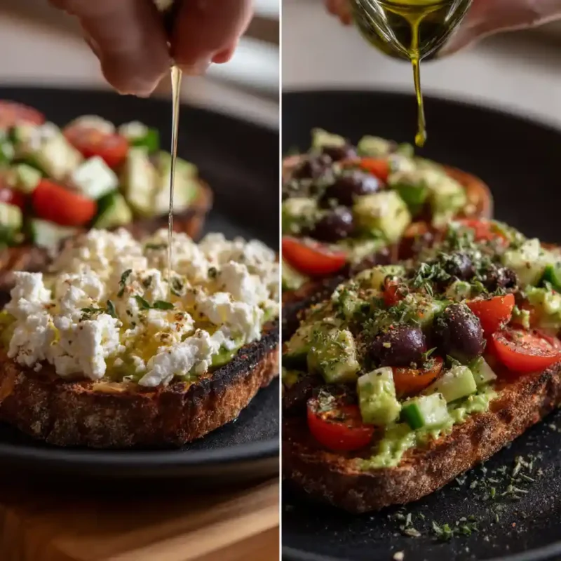 Assembling toppings on Mediterranean Avocado Toast