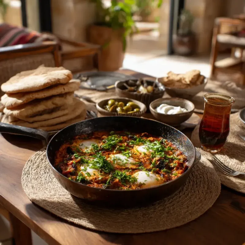 Palestinian shakshuka with pita bread, labneh, and mint tea