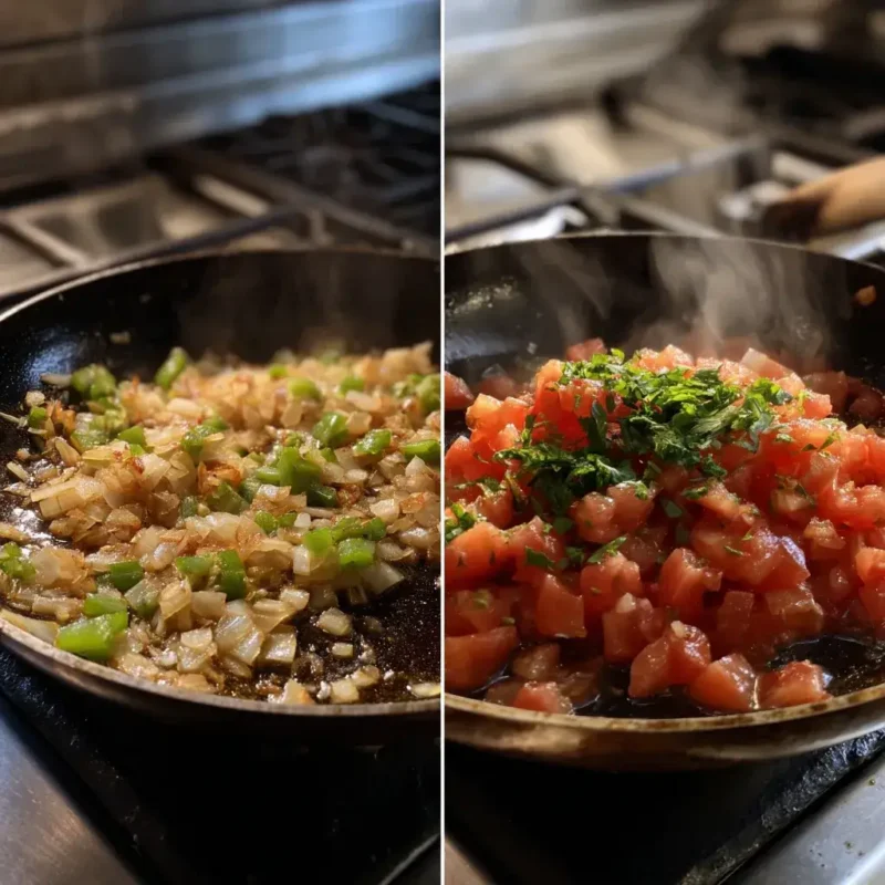 Sautéing vegetables and simmering tomatoes for shakshuka