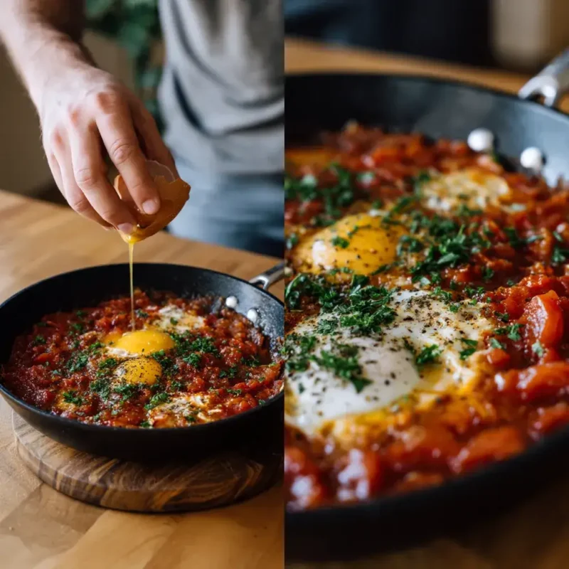 Cracking eggs into the simmering tomato base