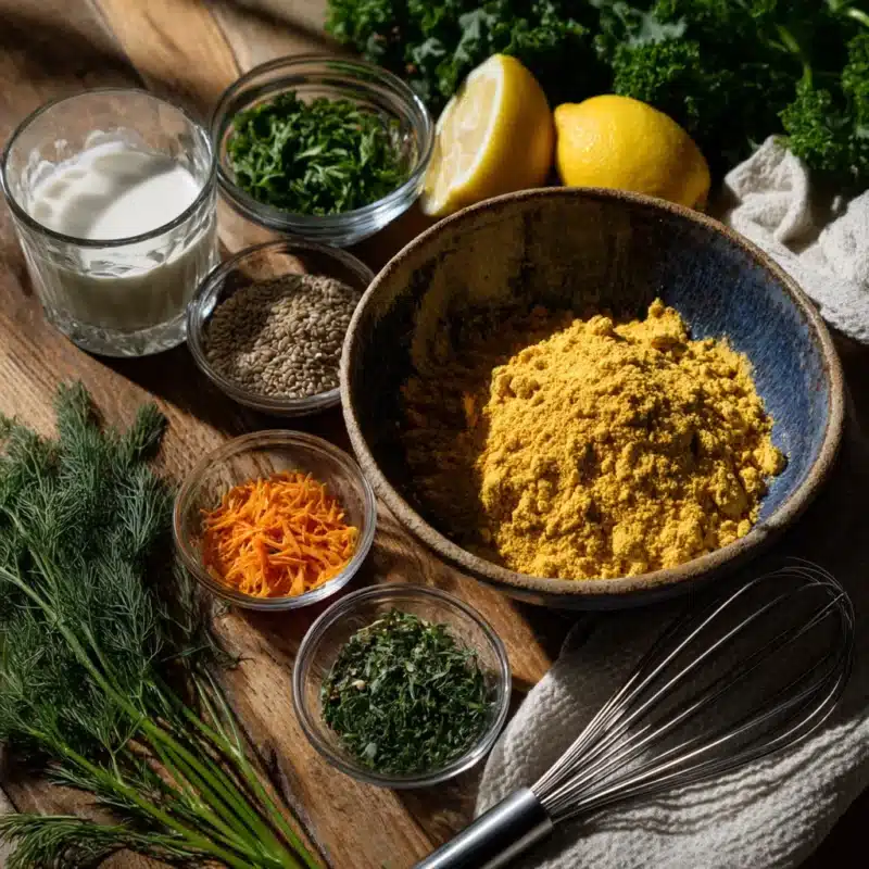 Chickpea flour pancake ingredients laid out on a rustic surface
