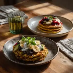 Chickpea pancakes plated with toppings for savory and sweet versions