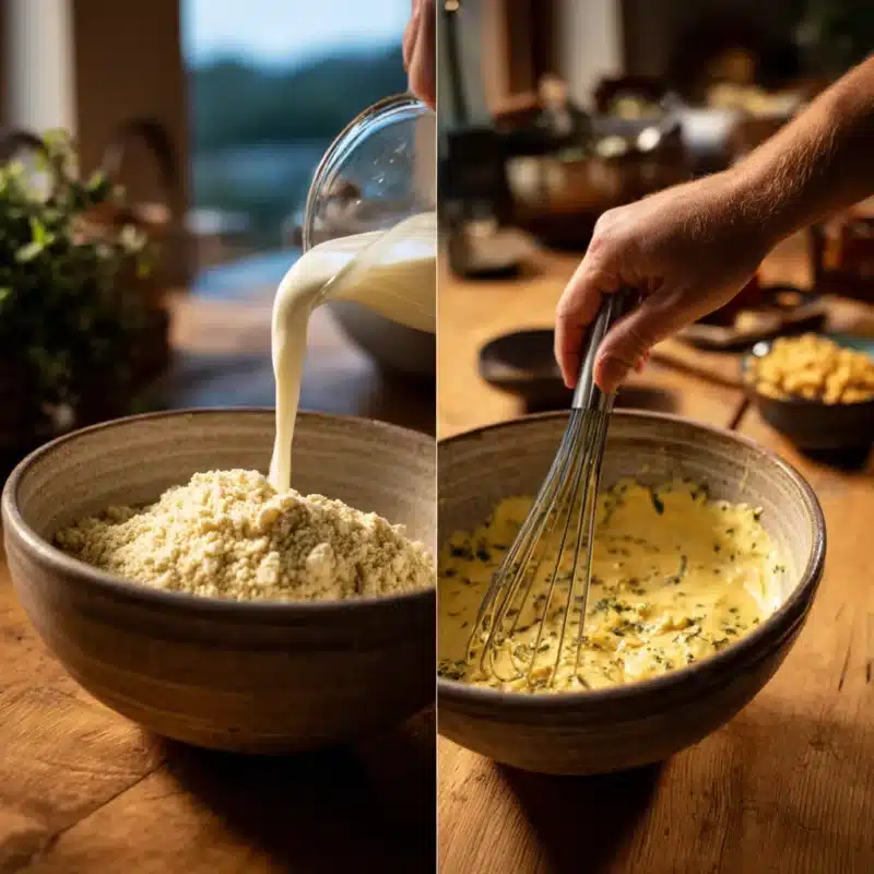 Mixing chickpea flour batter with plant-based milk and herbs