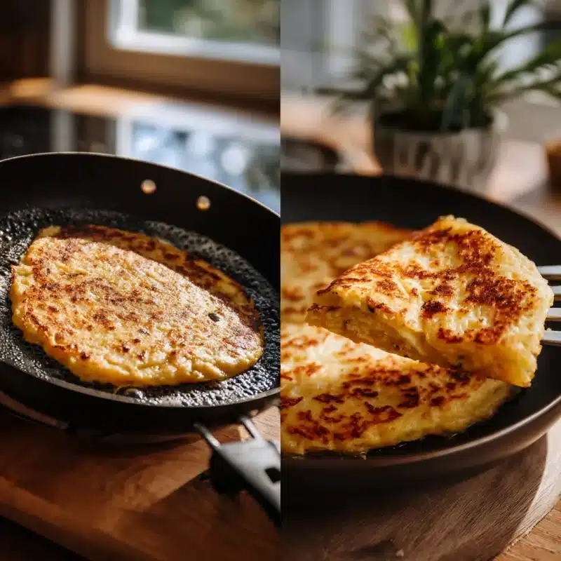 Cooking and flipping chickpea pancakes on a hot pan