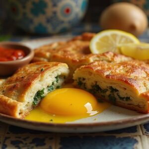 Crispy Tunisian Brik with a runny egg yolk, served with lemon wedges and harissa sauce.