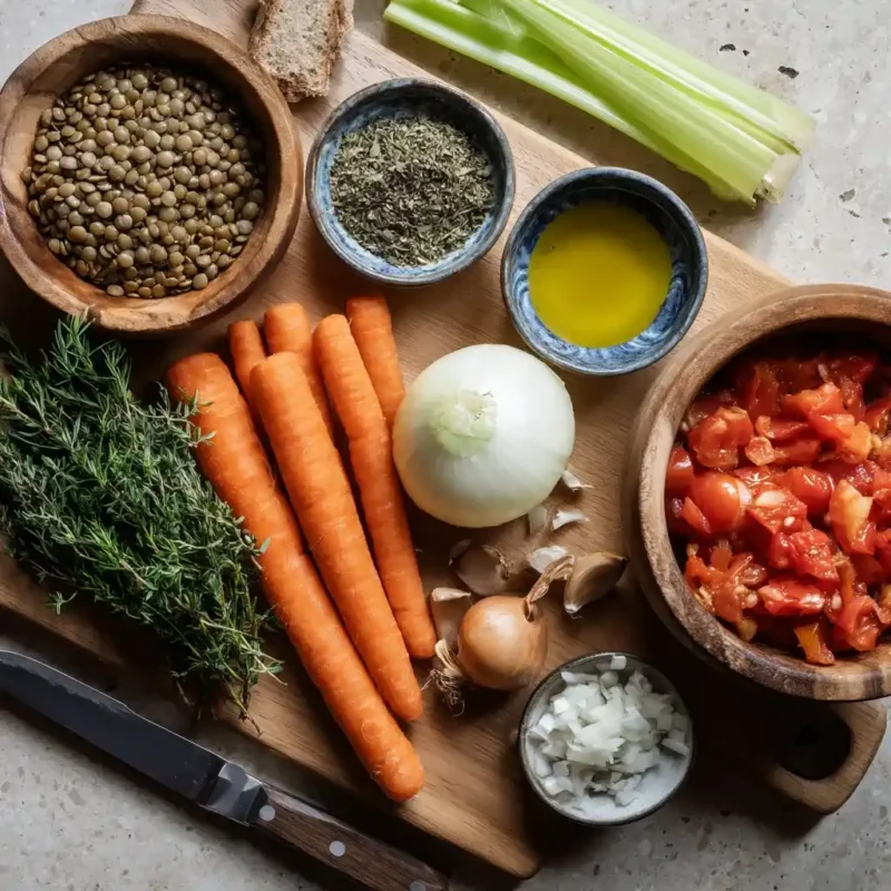 Flat lay of fresh ingredients for Mediterranean diet soup including vegetables, herbs, and olive oil