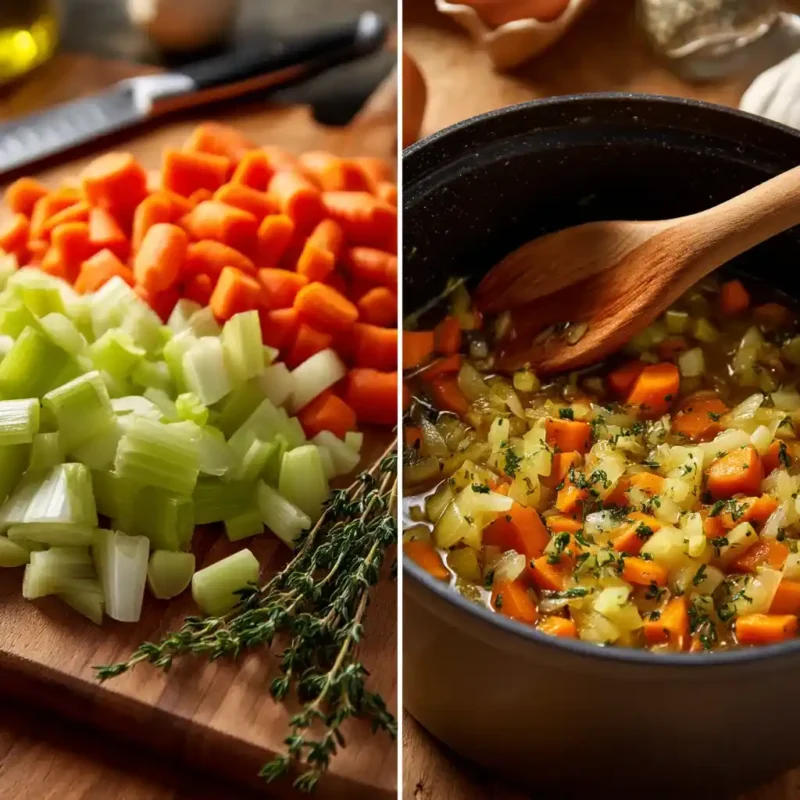 Preparing vegetables and sautéing them in olive oil for Mediterranean soup