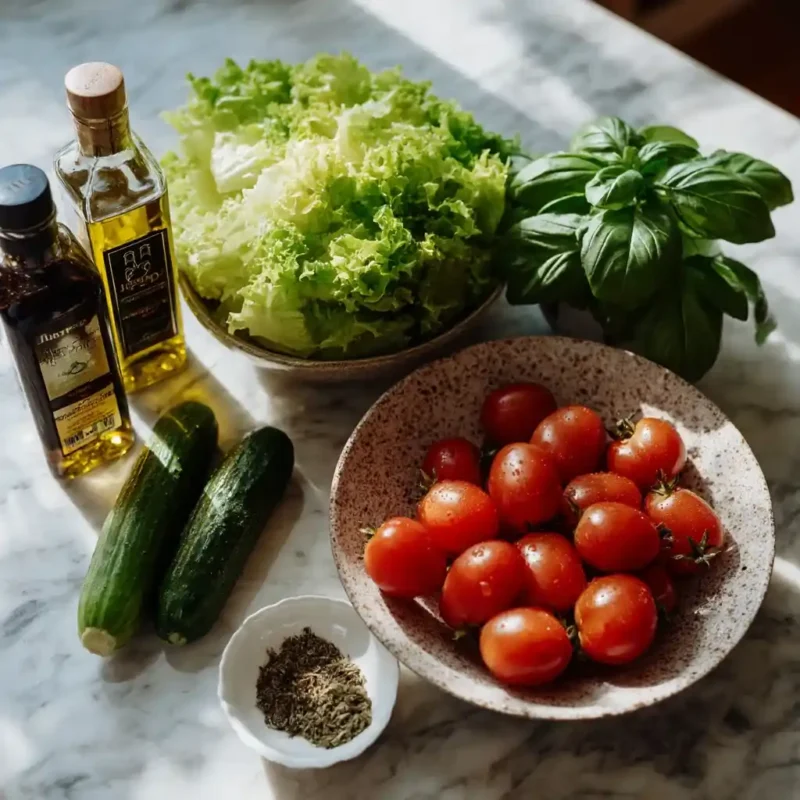 Mediterranean Salad ingredients laid out flat
