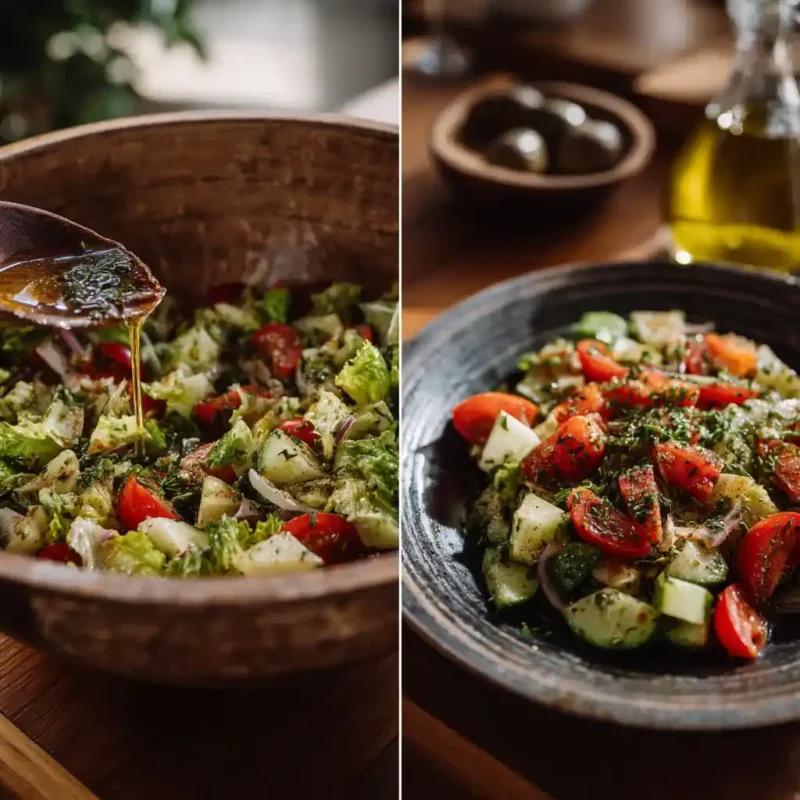 Tossing and plating the Mediterranean Salad